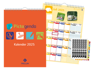 Hier ist das Produkt Pictogenda Wandkalender 2024 abgebildet. Er ist orange und zeigt verschiedene Motive von den zugehörigen Stickern wie einen Malpinsel oder einen Computer.