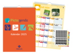 Hier ist das Produkt Pictogenda Wandkalender 2024 abgebildet. Er ist orange und zeigt verschiedene Motive von den zugehörigen Stickern wie einen Malpinsel oder einen Computer.