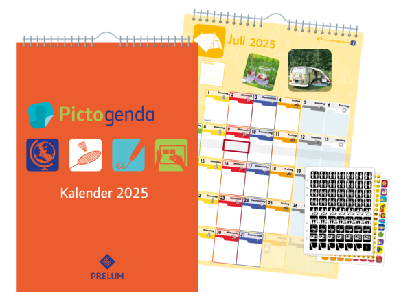 Hier ist das Produkt Pictogenda Wandkalender 2024 abgebildet. Er ist orange und zeigt verschiedene Motive von den zugehörigen Stickern wie einen Malpinsel oder einen Computer.