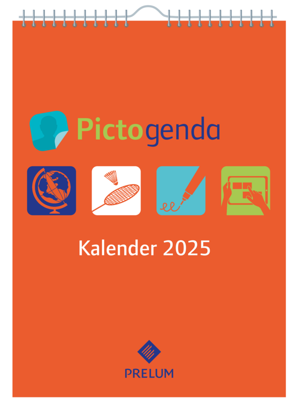 Hier ist das Produkt Pictogenda Wandkalender 2024 abgebildet. Er ist orange und zeigt verschiedene Motive von den zugehörigen Stickern.